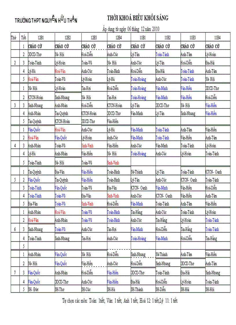 Thời khóa biểu áp dụng từ ngày 6 tháng 12