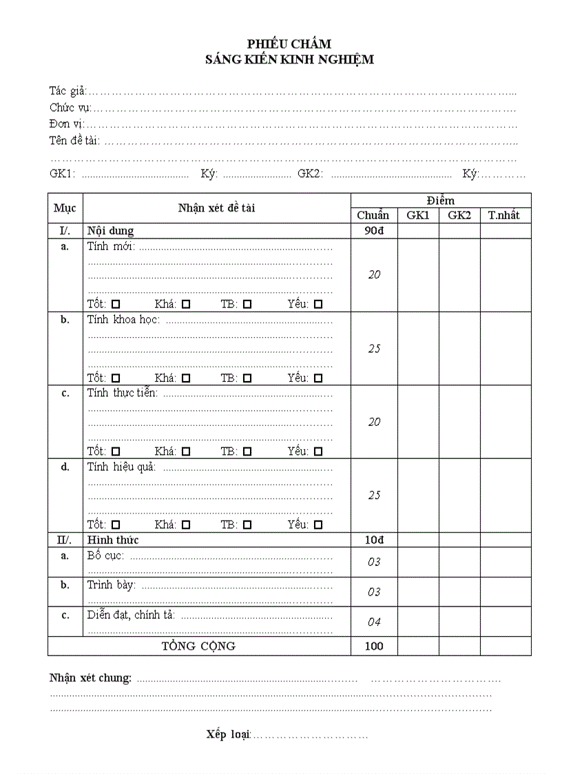 Tham khảo mẫu chấm SKKN