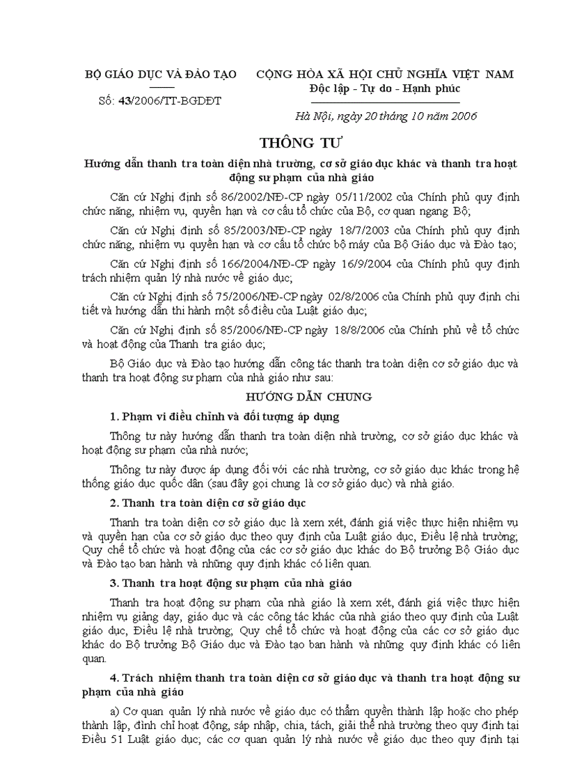 Thông tư 43 Hướng dẫn thanh tra toàn diện nhà trường cơ sở giáo dục khác và thanh tra hoạt động sư phạm của nhà giáo