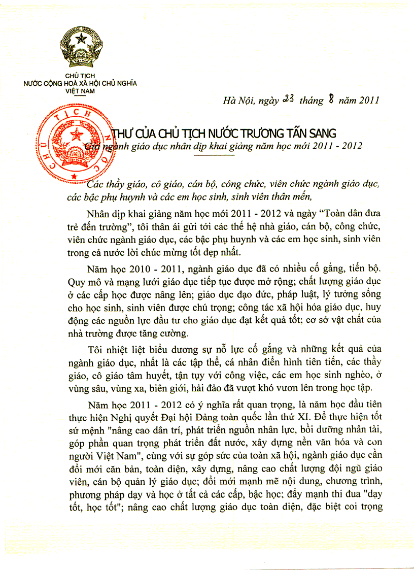 Thư của Chủ tịch nước Truơng Tấn Sang gửi ngành giáo dục nhân dịp khai giảng năm học mới 2011 2012