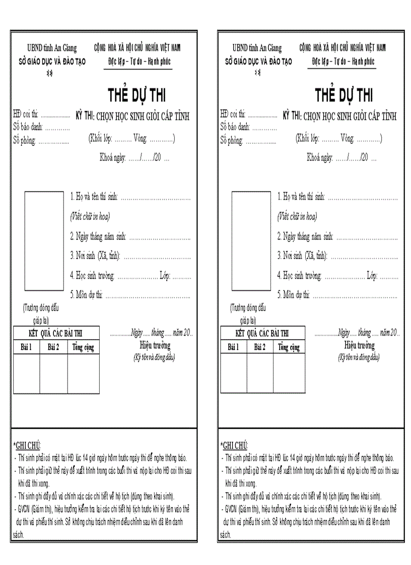 Thẻ Dự Thi Học Sinh Giỏi