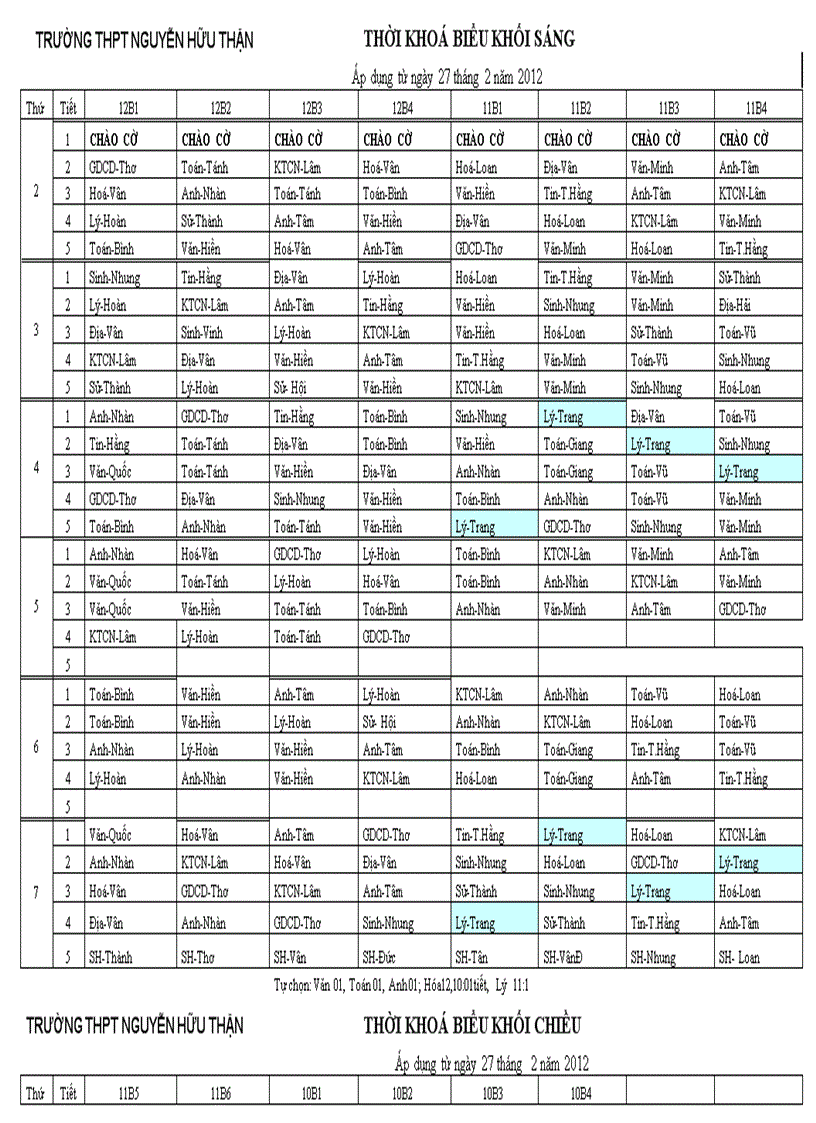 TKB áp dụng từ ngày 27 tháng 2 năm 2012