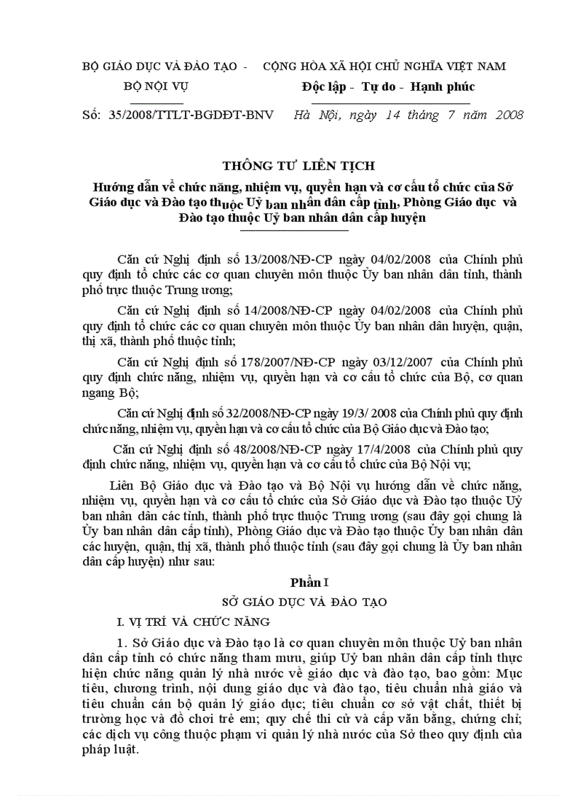 Thông tư 35 Quy định về chức năng nhiệm vụ của PGD ĐT