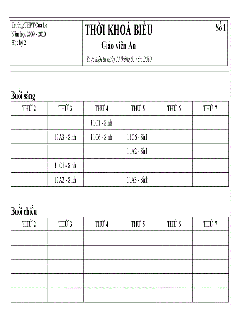 Thời Khóa biểu Giáo viên Số 2 HK 2
