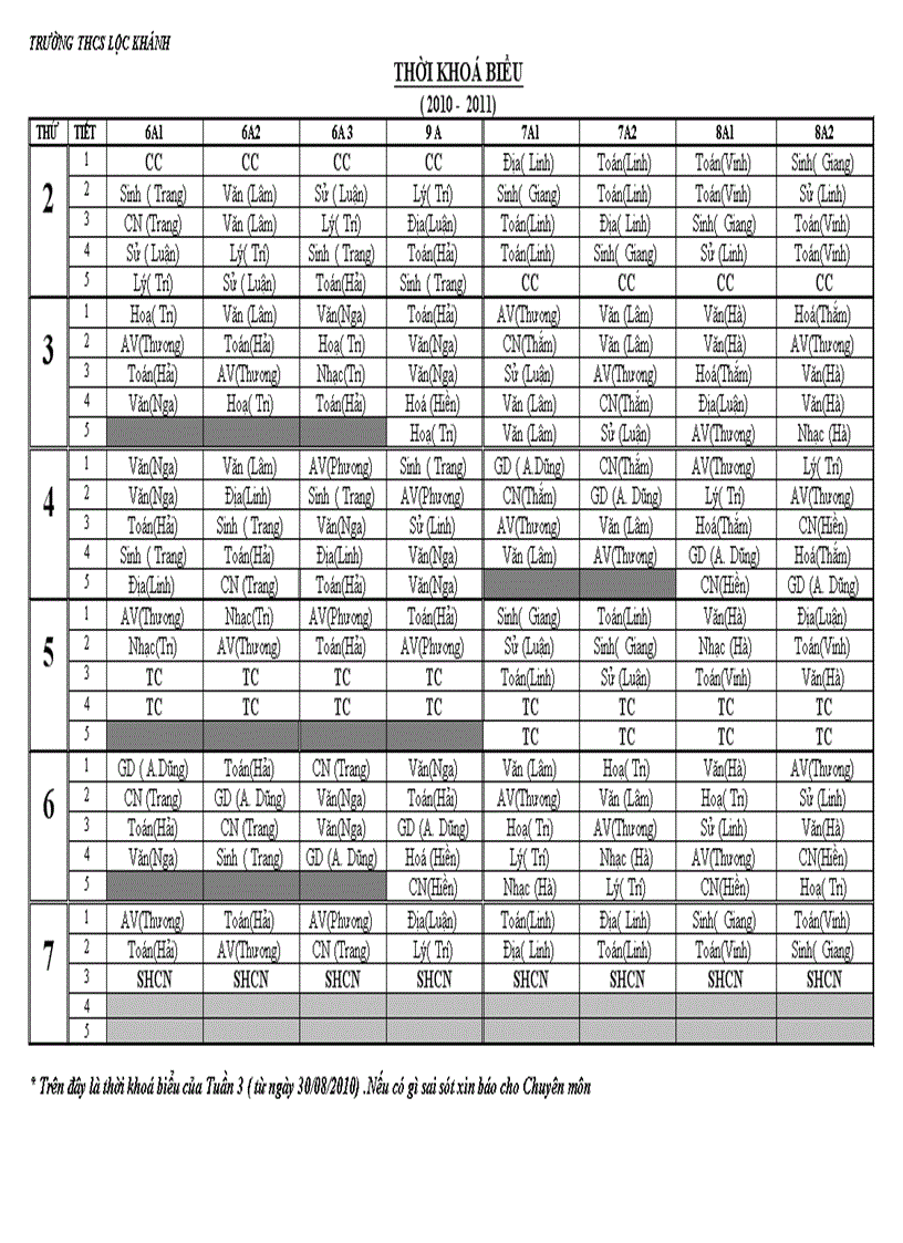 Thời Khoá Biểu Tuần 3 2010 2011