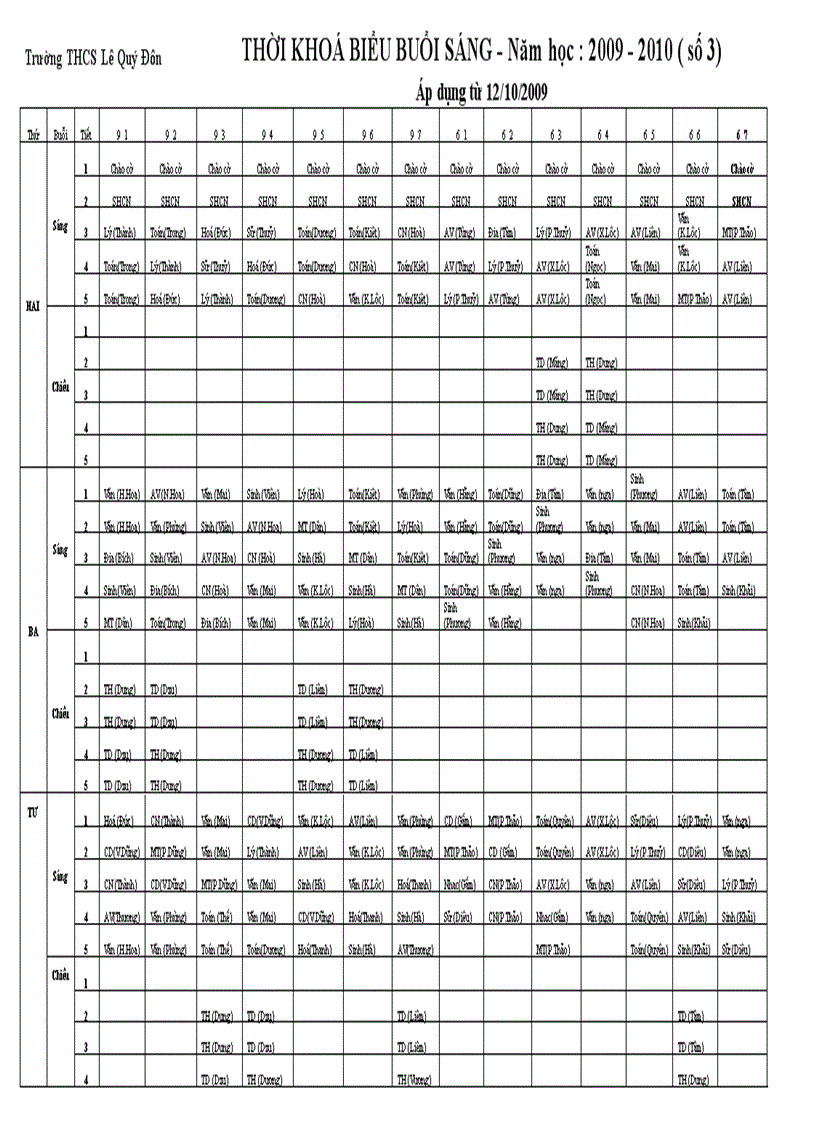 Thời khoá biểu khối sáng