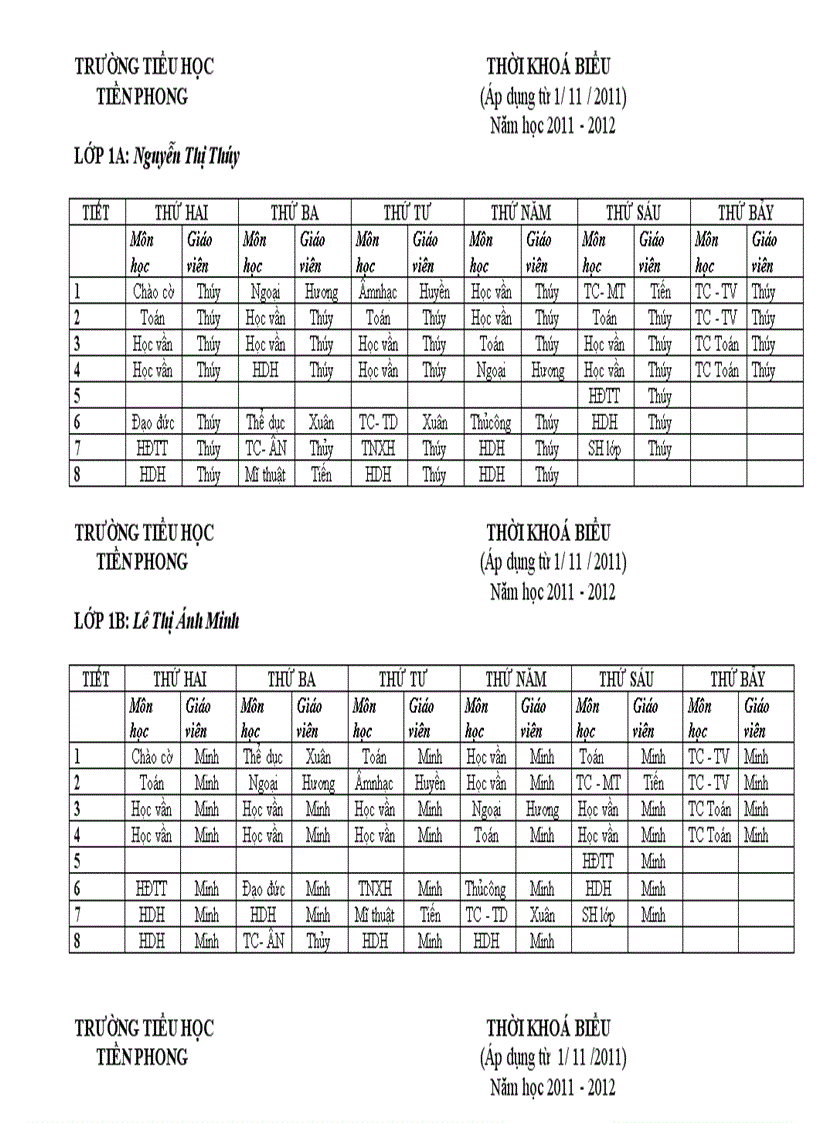 Thời khóa biểu toàn trường năm học 2011 2012