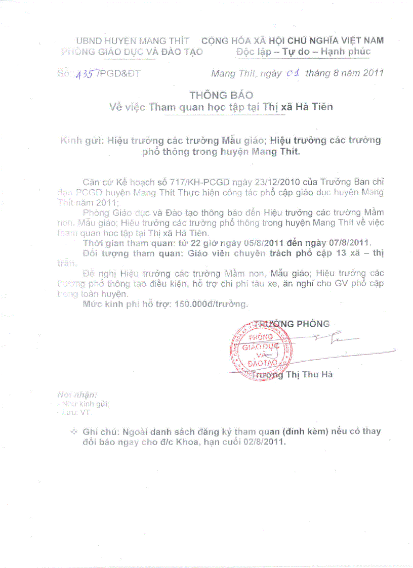 Thông báo tham quan Hà Tiên