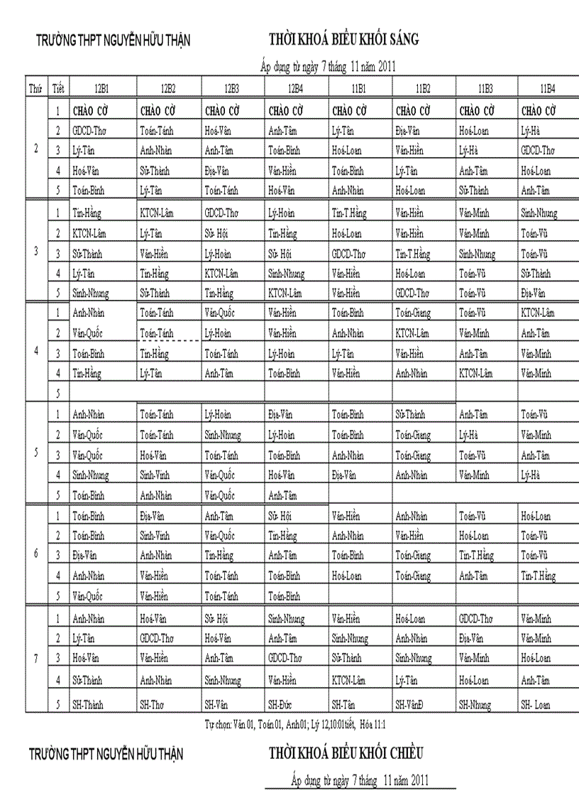 TKB thực hiện từ ngày 07 tháng 11