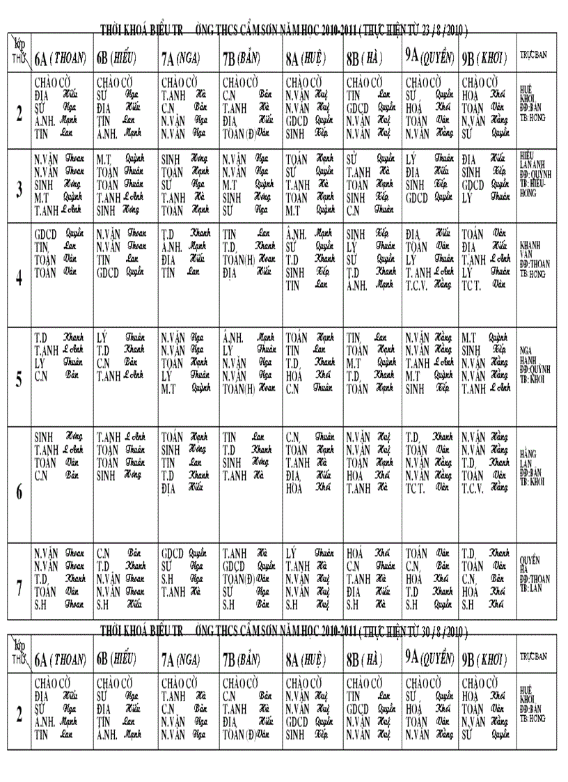 Thời khóa biểu năm học 2010 2011 1