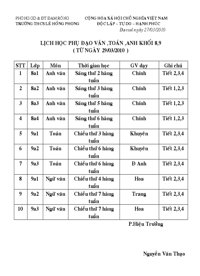 Thời khóa biểu học phụ đạo tháng 3 4 năm 2010