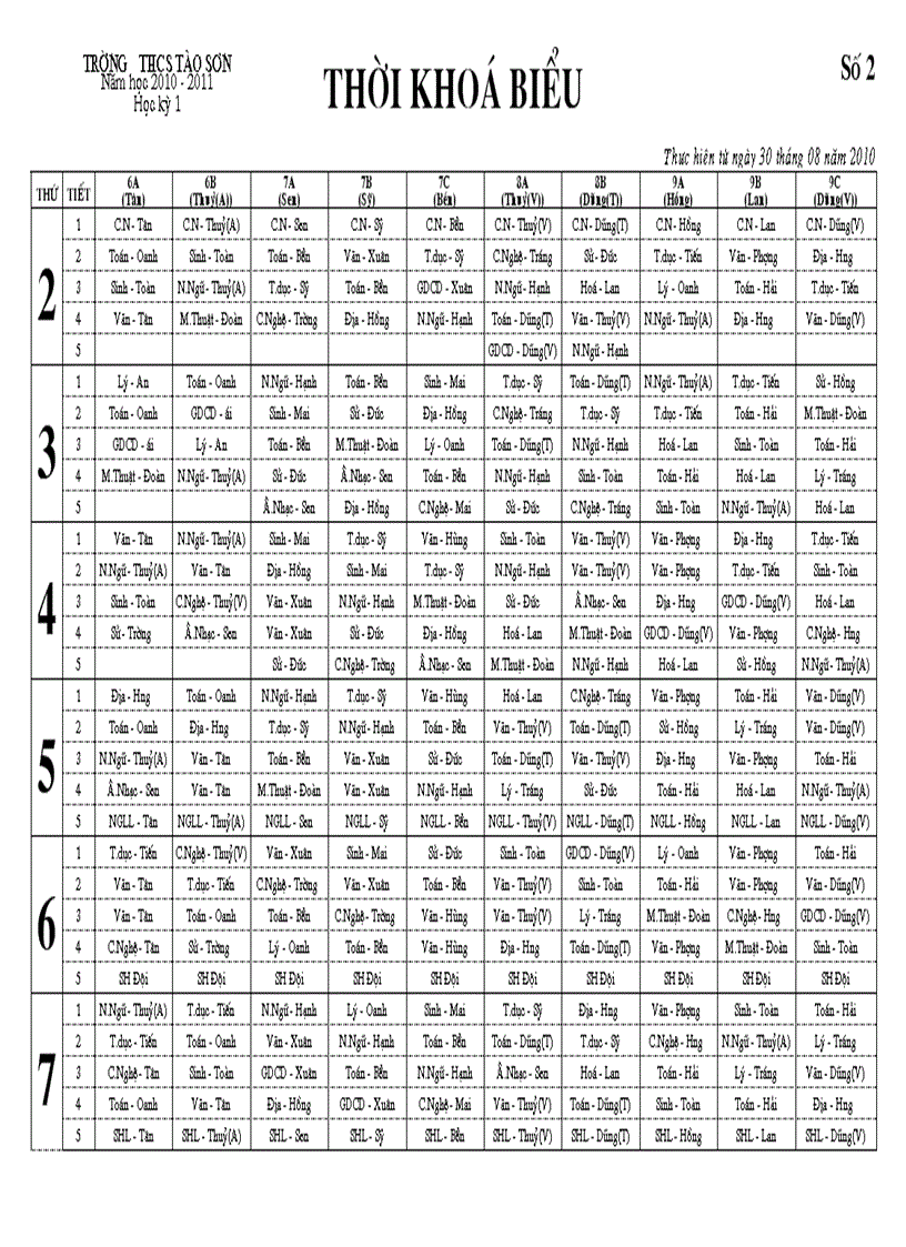 THỜI KHOÁ BIỂU Số 2