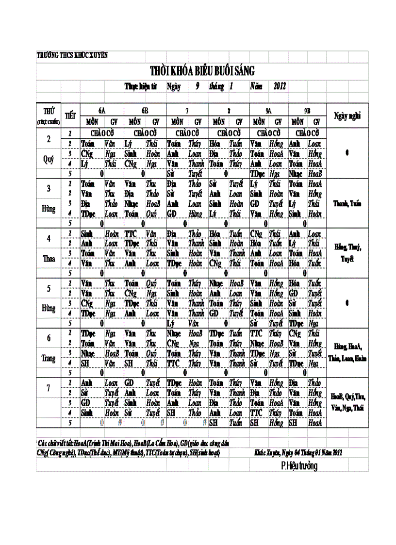 Thời khóa biểu 09 01 12