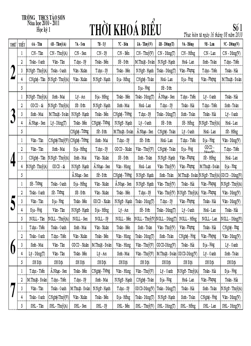 THỜI KHOÁ BIỂU Lần 1 1