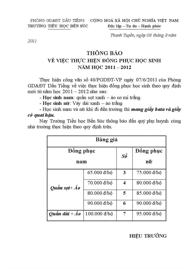 Thông báo về việc thực hiện đồng phục NH 2011 2012