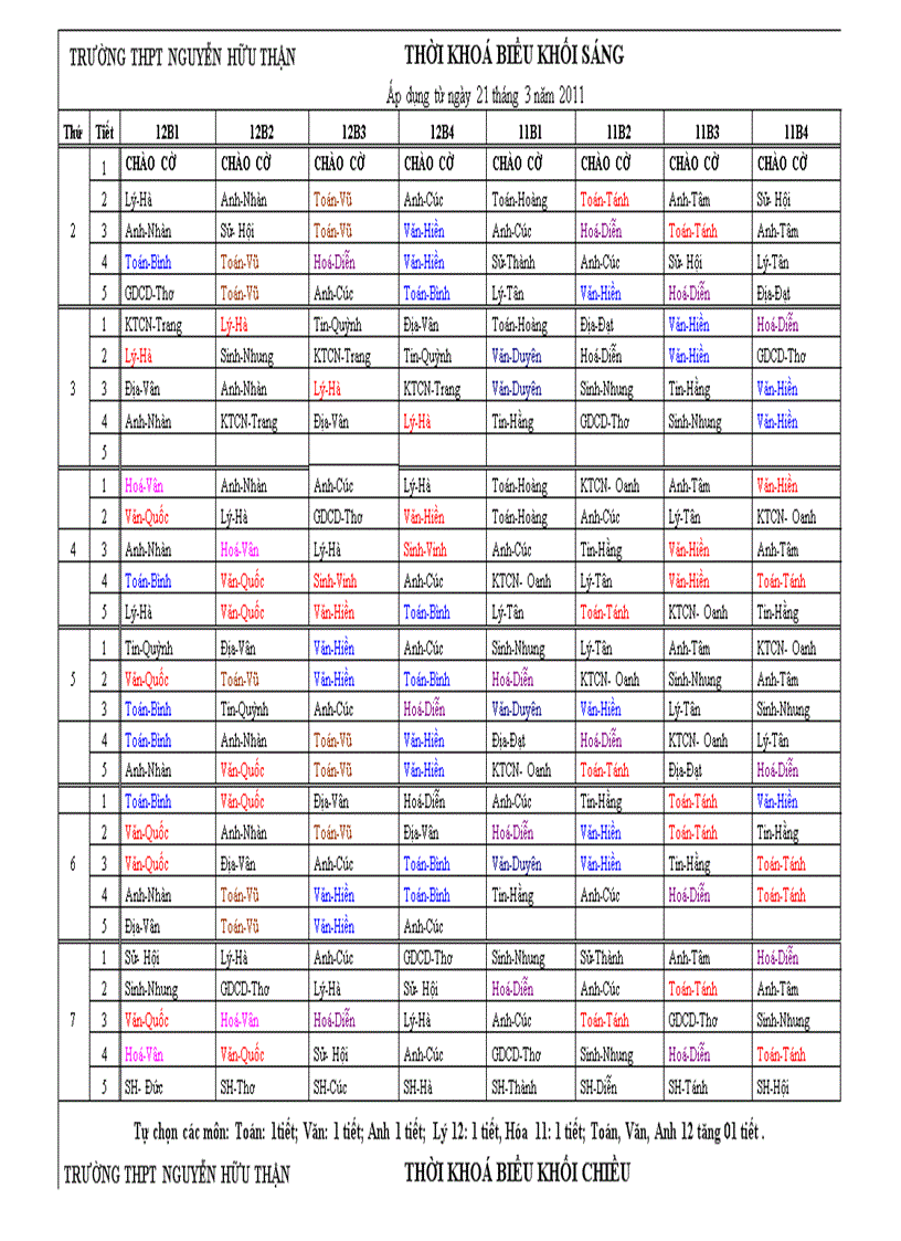 TKB áp dụng từ ngày 21 tháng 3 năm 2011