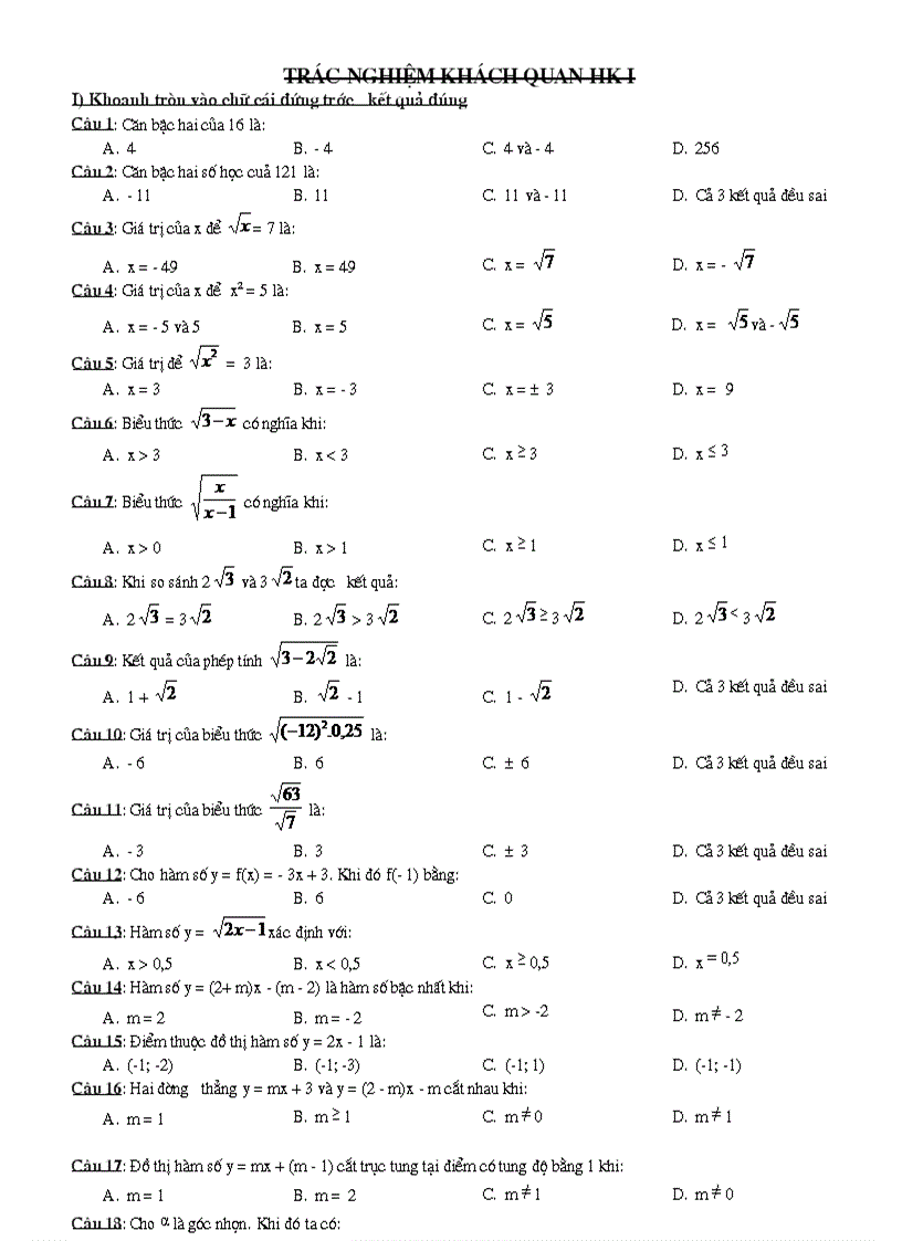 Trắc nghiệm KQ HKI toán9