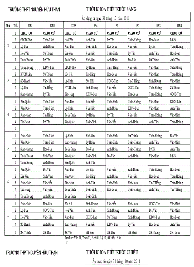 TKB áp dụng từ ngày 31 tháng 10