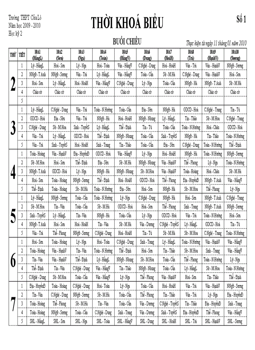 Thời Khóa biểu Khối 10