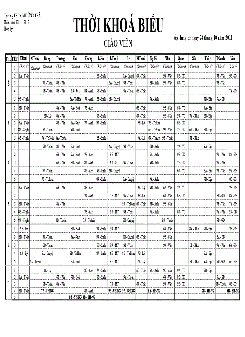 TKB giáo viên từ 31 10 2011