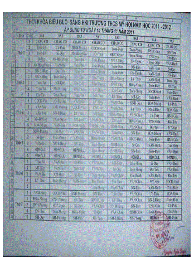 Thời khoá biểu áp dụng từ 14 11 2011