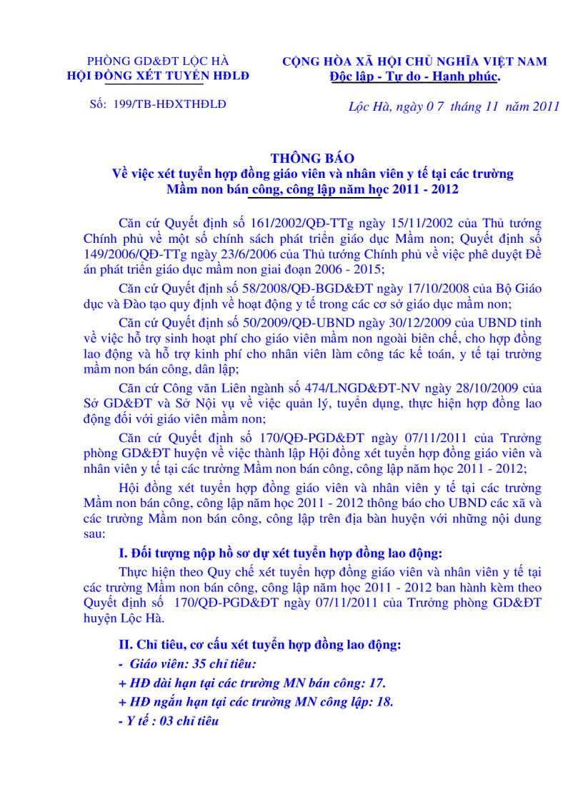 Thong bao xet tuyen GV Mam non