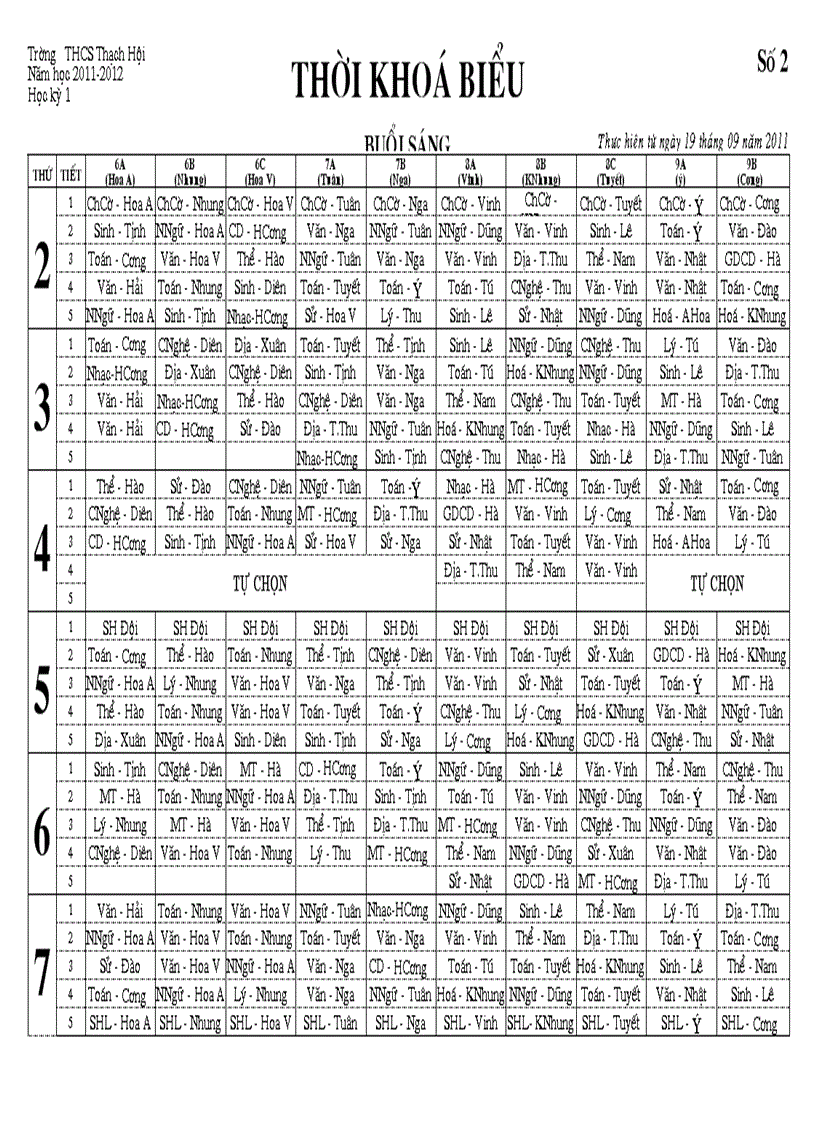 Thời khóa biểu lần 2