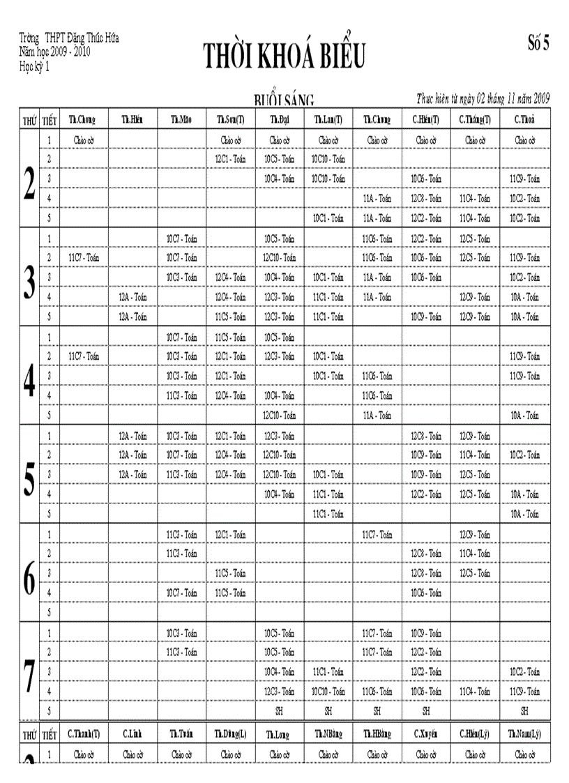 Thời khóa biểu lần 5