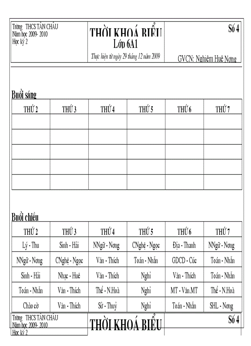 Thời khóa biểu các lớp