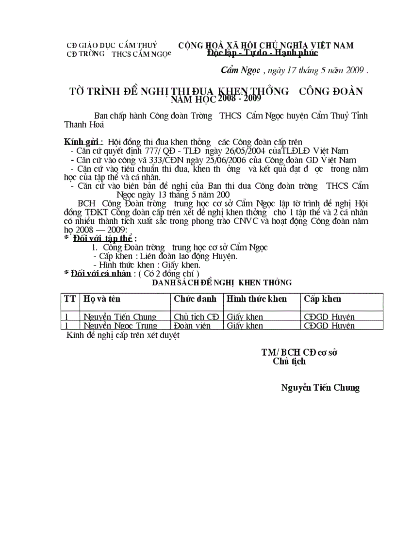 Tờ trình khen thưởng 1