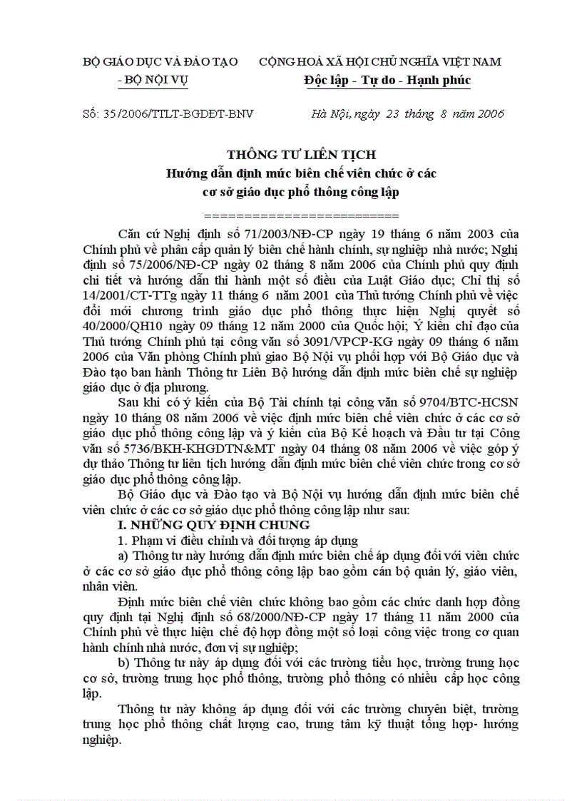 TTsố 35 2006 định mức biên chế ở các cơ sở GD