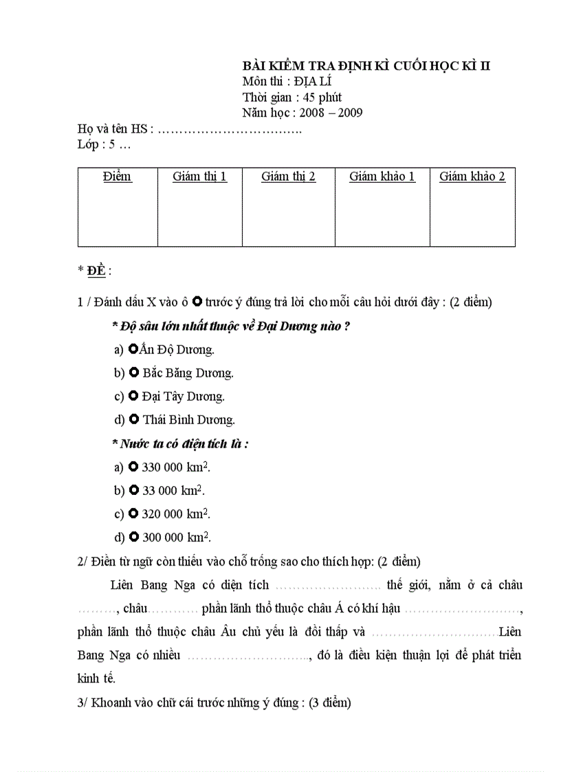 Trọn gói đề thi HK II môn sử địa lớp 5