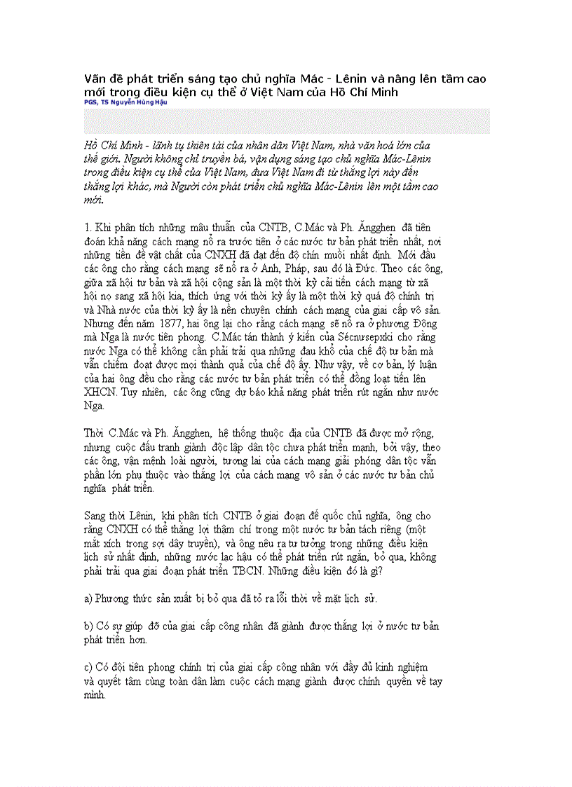 Vấn đề phát triển sáng tạo chủ nghĩa Mác Lênin và nâng lên tầm cao mới trong điều kiện cụ thể ở Việt Nam của Hồ Chí Minh