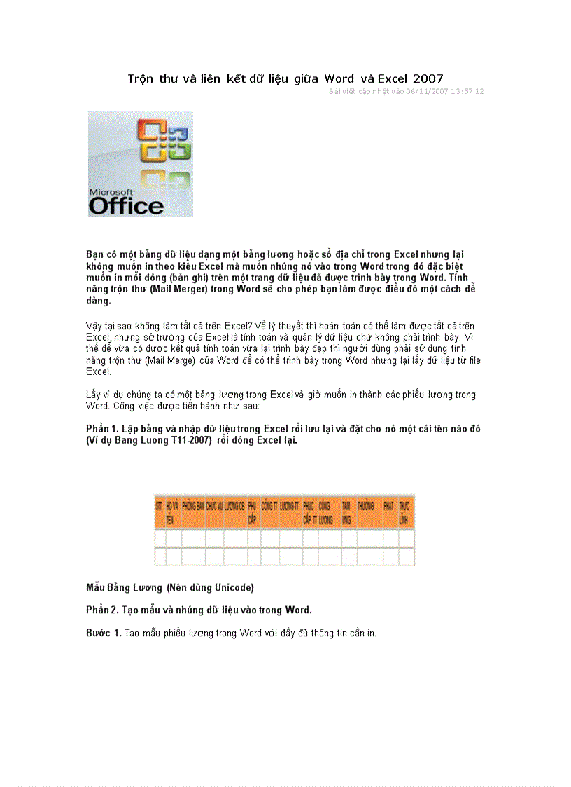 Trộn thư và liên kết dữ liệu giữa Word và Excel 2007