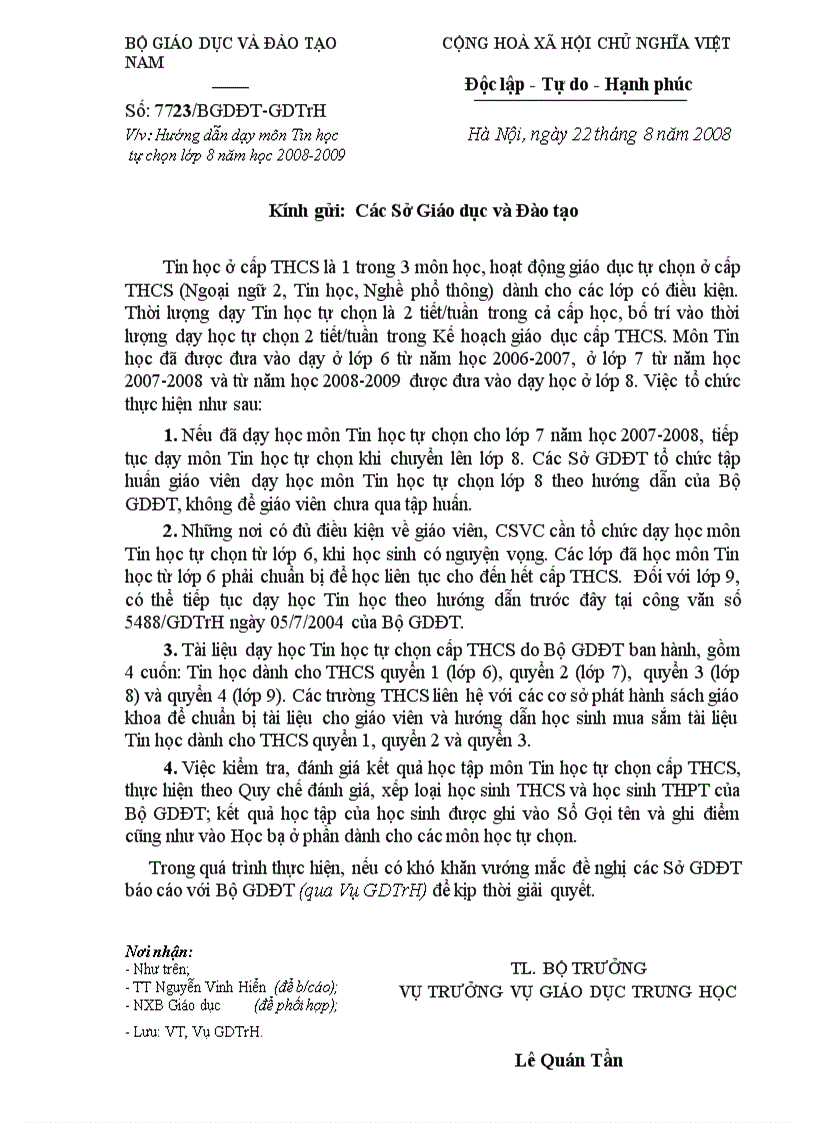 Văn bản về dạy tin học trư chọn