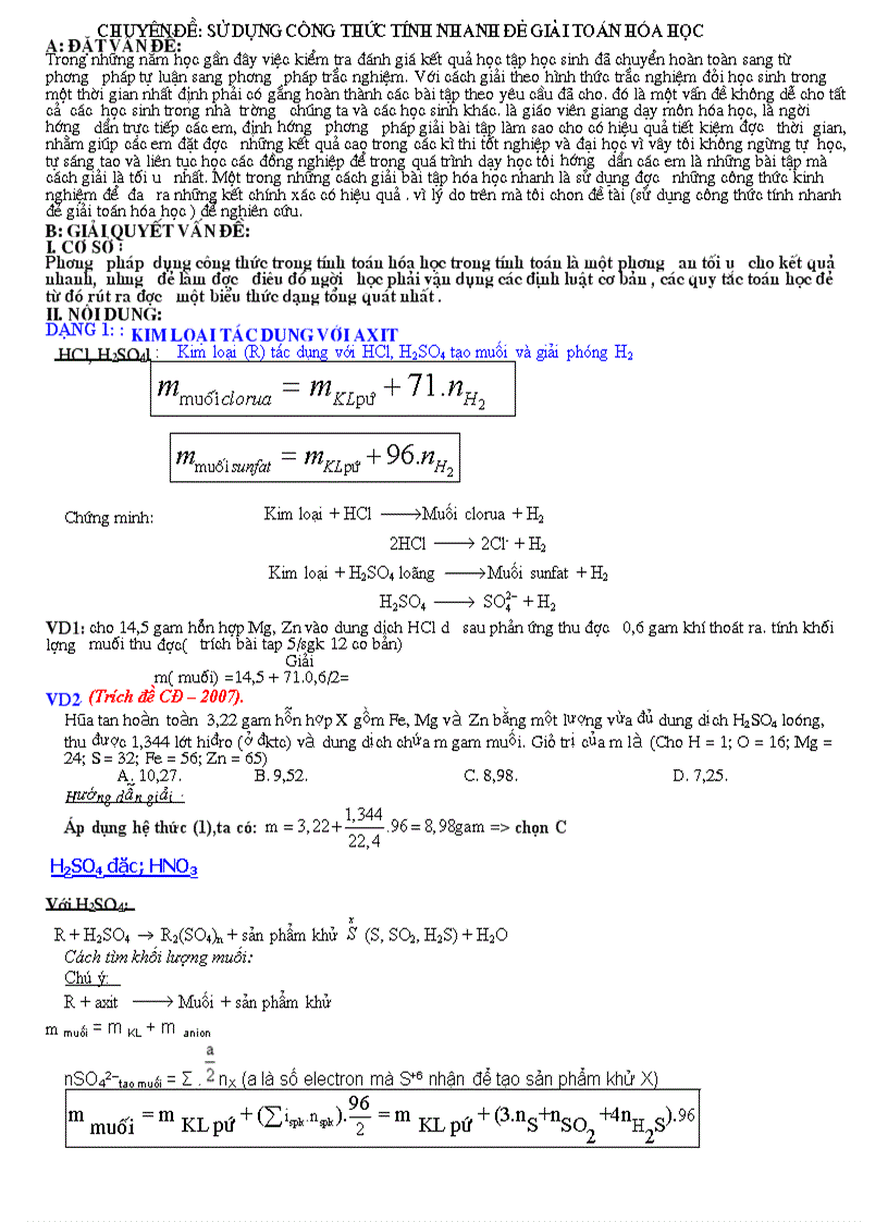 Vận dụng công thức nhanh để giải toán hoá học