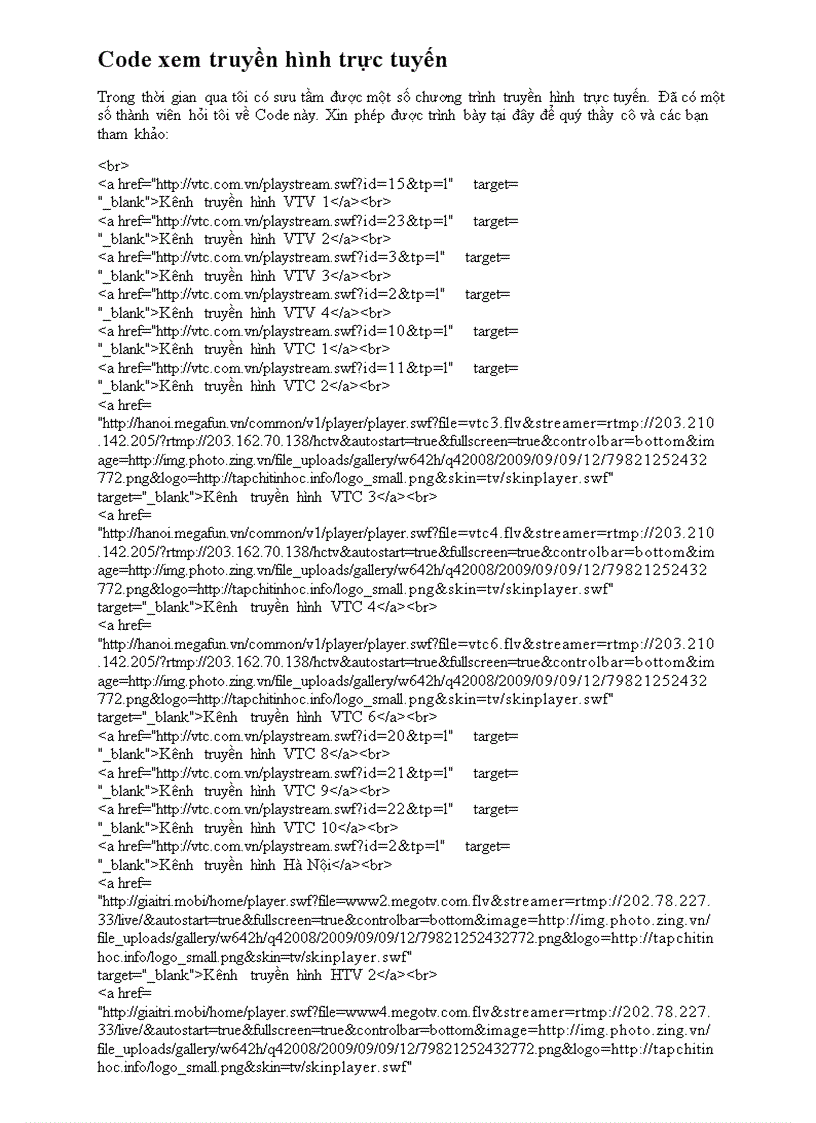 Tuyển tập Code xem truyền hình trực tuyến