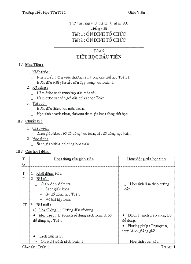 Tuan 1 giáo án lơp 1