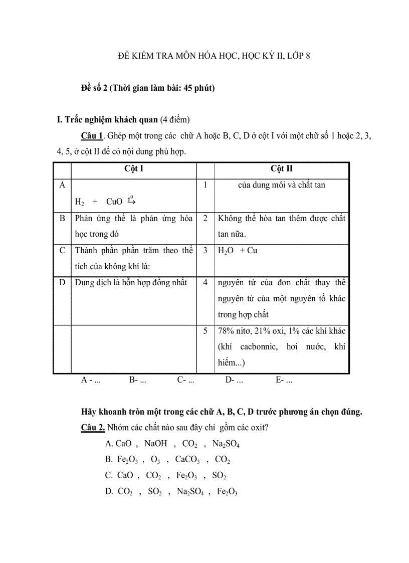 Đề HKII Hóa học 8 2