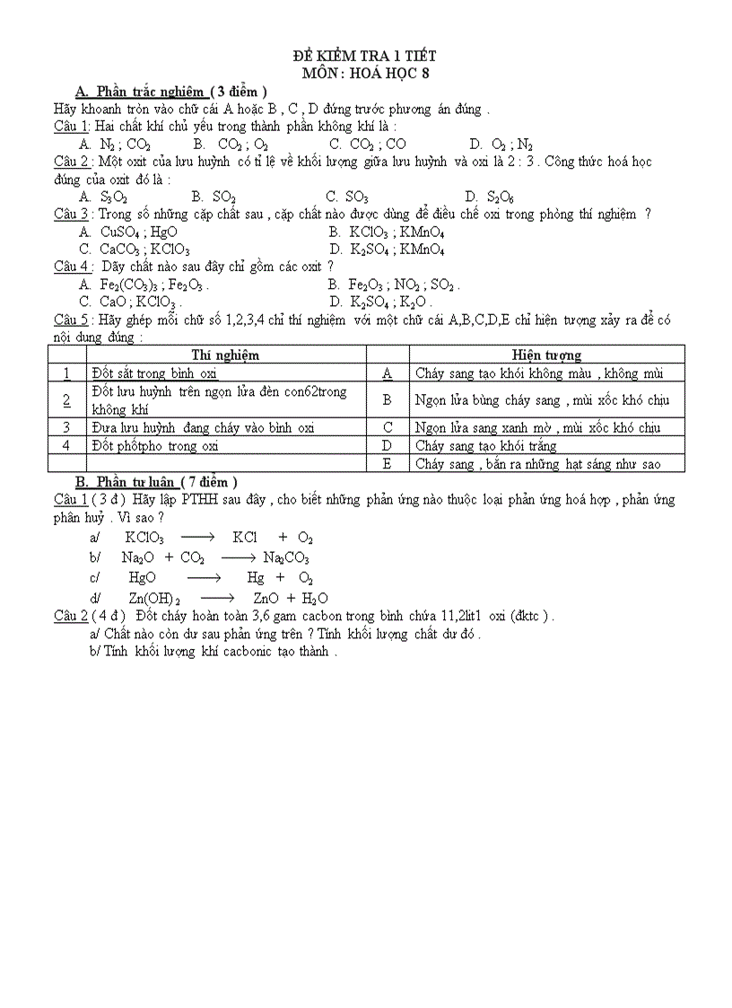 ĐỀ KIỂM TRA 1 TIẾT Hoá 8
