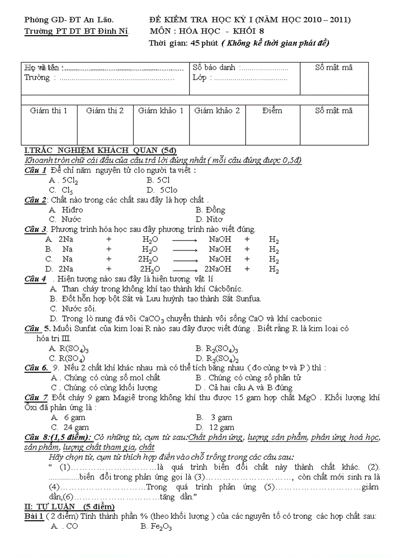 Đề thi hóa 8 10 11