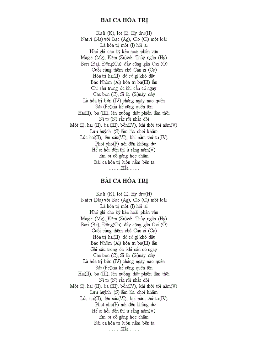 Bài ca hóa trị hay nhất