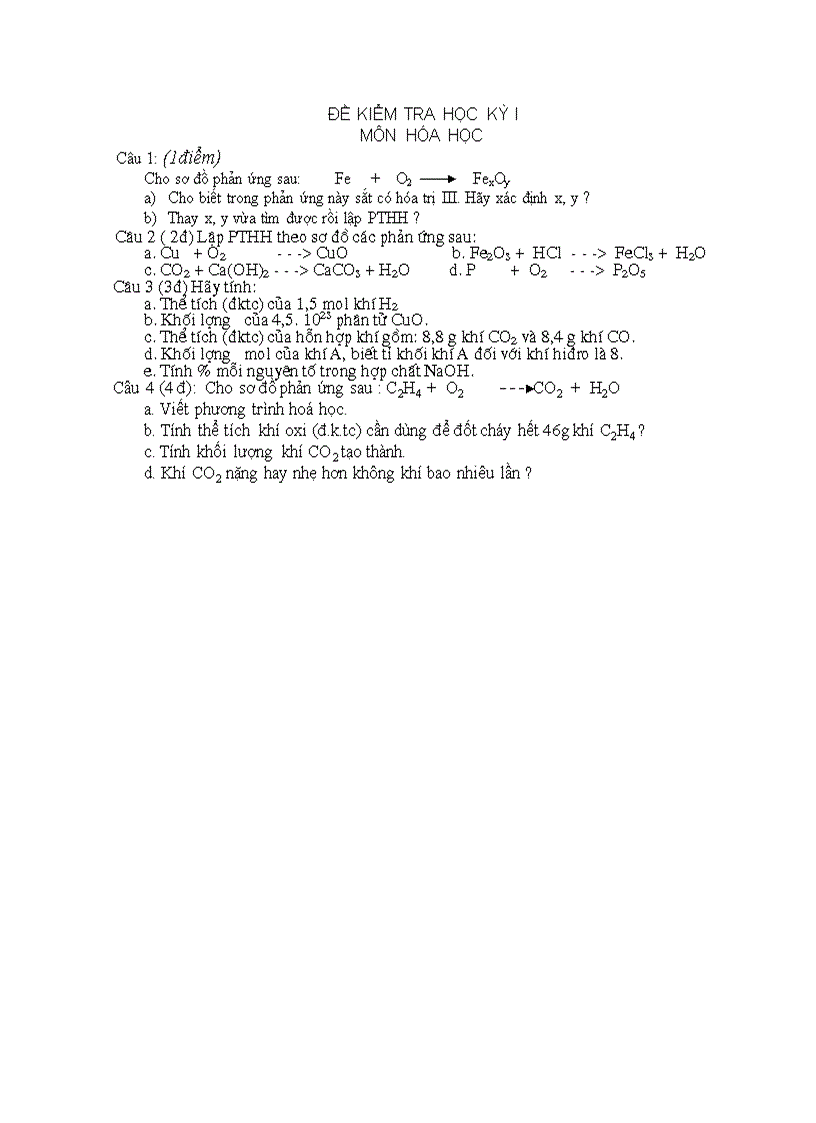 Đề kt hkI hóa tự luận