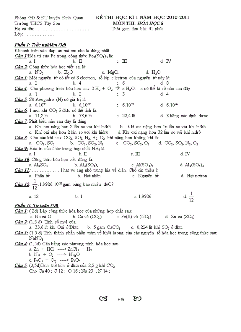 Đề thi học kì i môn hóa học có ma trận