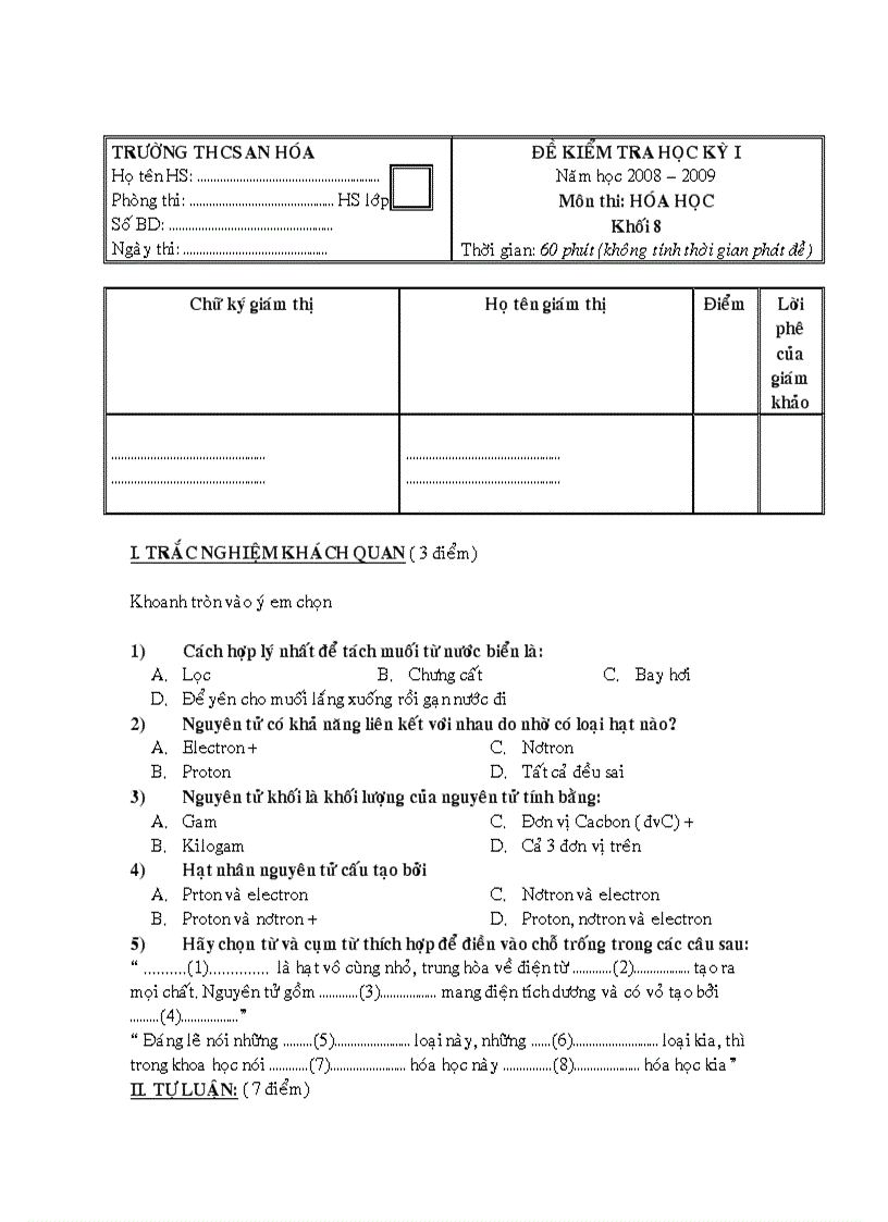 Đề thi HK I có đáp án Hóa học 08 09