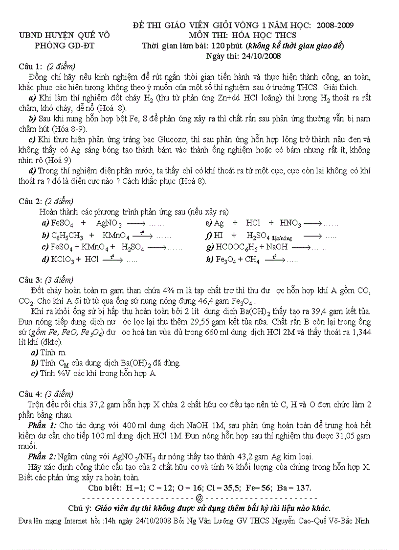 Đề ĐA GVG Huyện Quế Võ Bắc Ninh Hóa 08 09