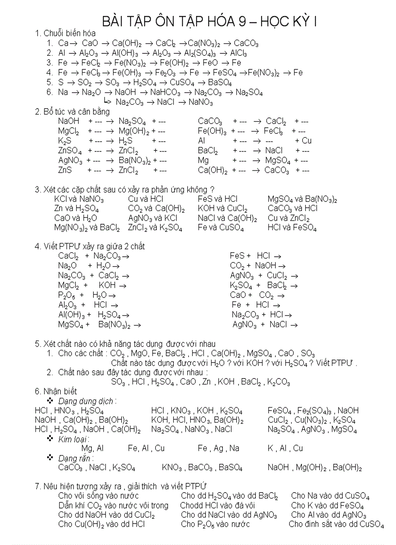 Bài tập ôn Hóa 9 HKI