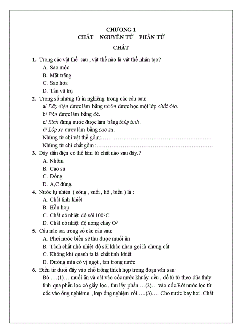 40 câu hỏi trắc nghiệm hóa 8