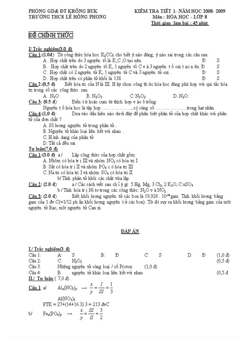 Đề và Đáp án KTCN Hóa 8