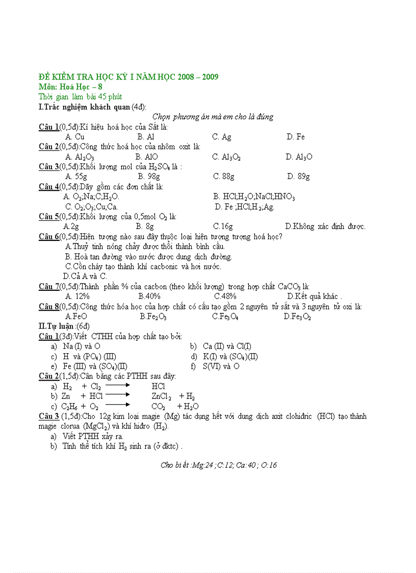 Đề Hóa 8 HKI Số 3 Tham khảo